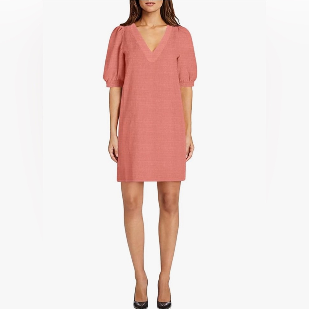 BB Dakota Coral Pink V-Neck Puff Sleeve Shift Dress